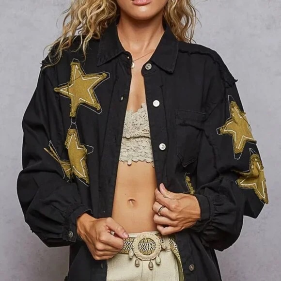 POL Star Patch Raw Hem Button Up Denim Lightweight Shacket Oversized Fit Black - Picture 2 of 7
